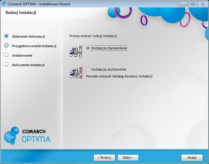 5.2.4 Wybór rodzaj instalacji Rys. 4 Rodzaj instalacji Instalacja standardowa na komputerze instalowane są wszystkie niezbędne komponenty programu Comarch OPT!MA.