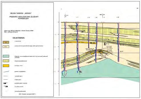 Rys. 3. Złoże Tarnów-V. Przekrój geologiczno-złożowy, poprzeczny [wg U. Baran, zmieniony] zamkniętą strukturę, opadającą ku NW. Średnia głębokość struktury wynosi ok.