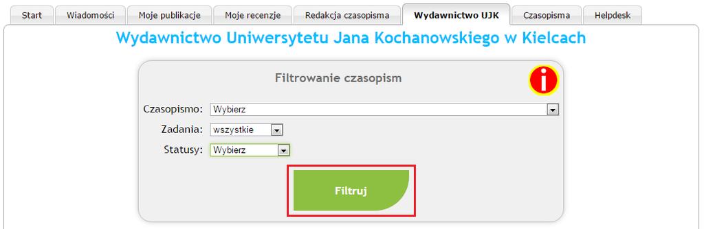 W celu rozpoczęcia pracy w module należy wybrać zakładkę Wydawnictwo UJK.