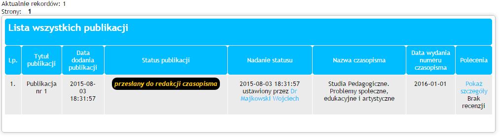 II Przesłanie publikacji do redakcji czasopisma. Zestawienie tabelaryczne publikacji autora przesłanych do redakcji czasopisma. S t r o n a 36 III Zestawienie numerów wydań czasopisma z publikacjami.