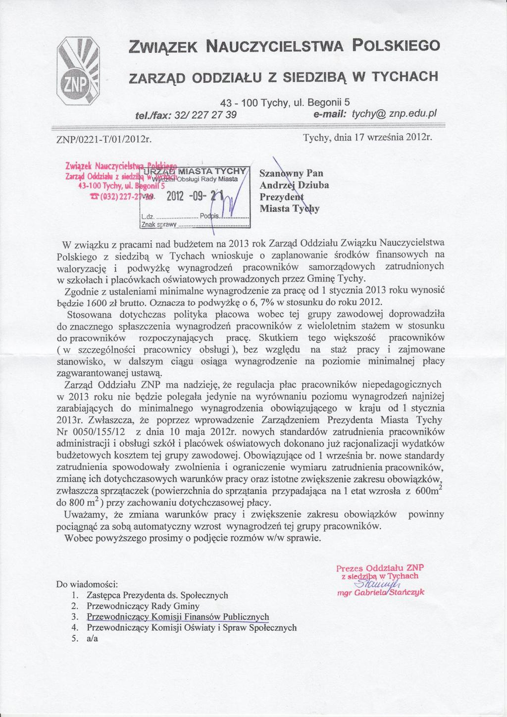 Pismo Oddziału Związku Nauczycielstwa Polskiego w Tychach dot.