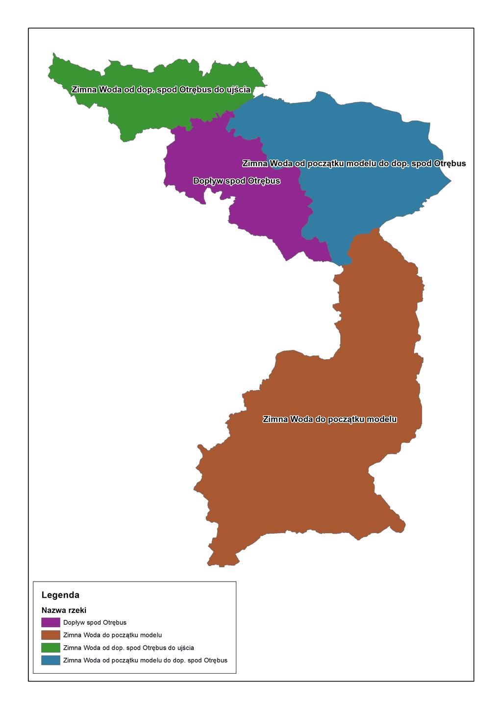 W modelu rzeki Zimna Woda wyróżniamy: Dopływ spod Otrębus, Zimną Wodę od początku modelu, Zimną Wodę od dopływu spod Otrębus do ujścia, Zimna Wodę