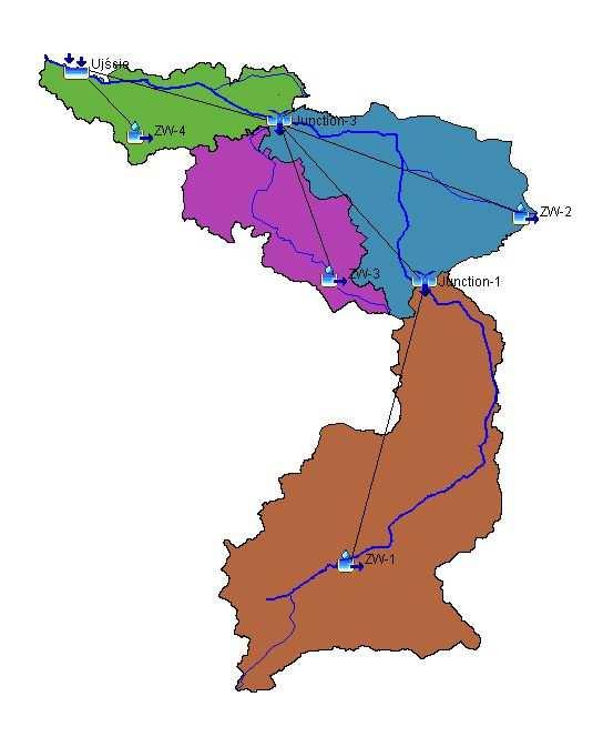 Rysunek 6 Schemat modelu w HEC-HMS zlewni rowu Zimna Woda Kolejnym, niezwykle ważnym w modelu SCS, parametrem jest procentowy udział terenów nieprzepuszczalnych dla wód opadowych, który ma kluczowy