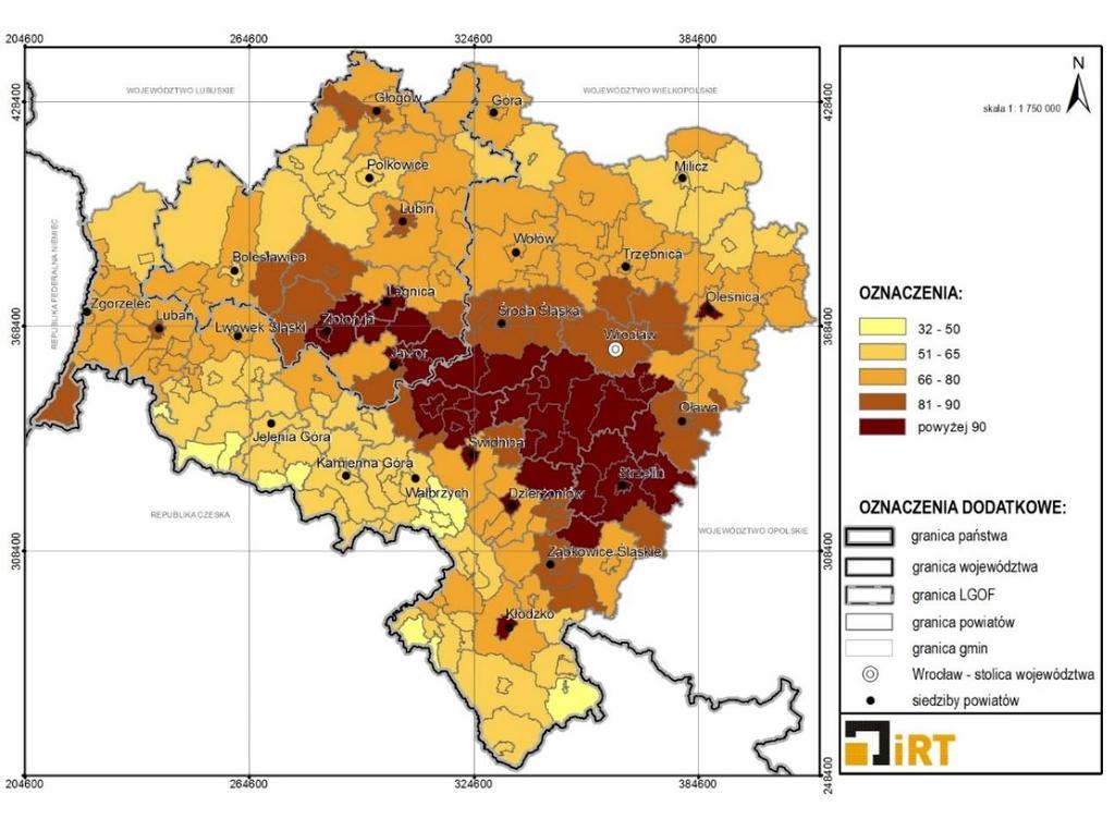 78,1. Najwyższa wartość zanotowana została w gminach: Jawor (100,6), Mściwojów (99,6), Legnickie Pole (93,2), Krotoszyce (92,8), wiejskiej i miejskiej Złotoryja (po 91,7), Wądroże Wielkie (91,0) oraz