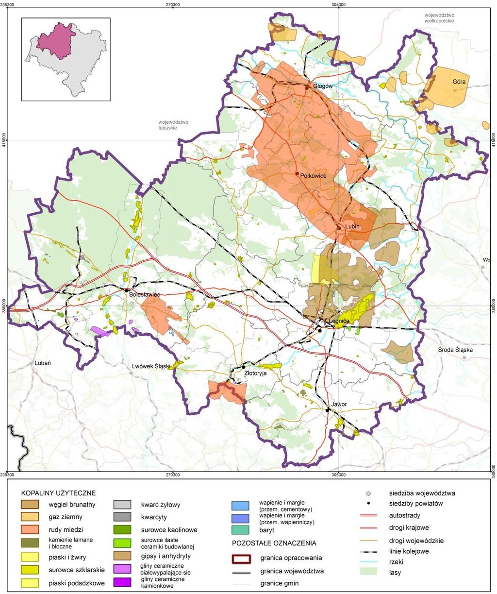 MAPA 32. LOKALIZACJA NAJWAŻNIEJSZYCH ZŁÓŻ KOPALIN W LGOF 3.5.