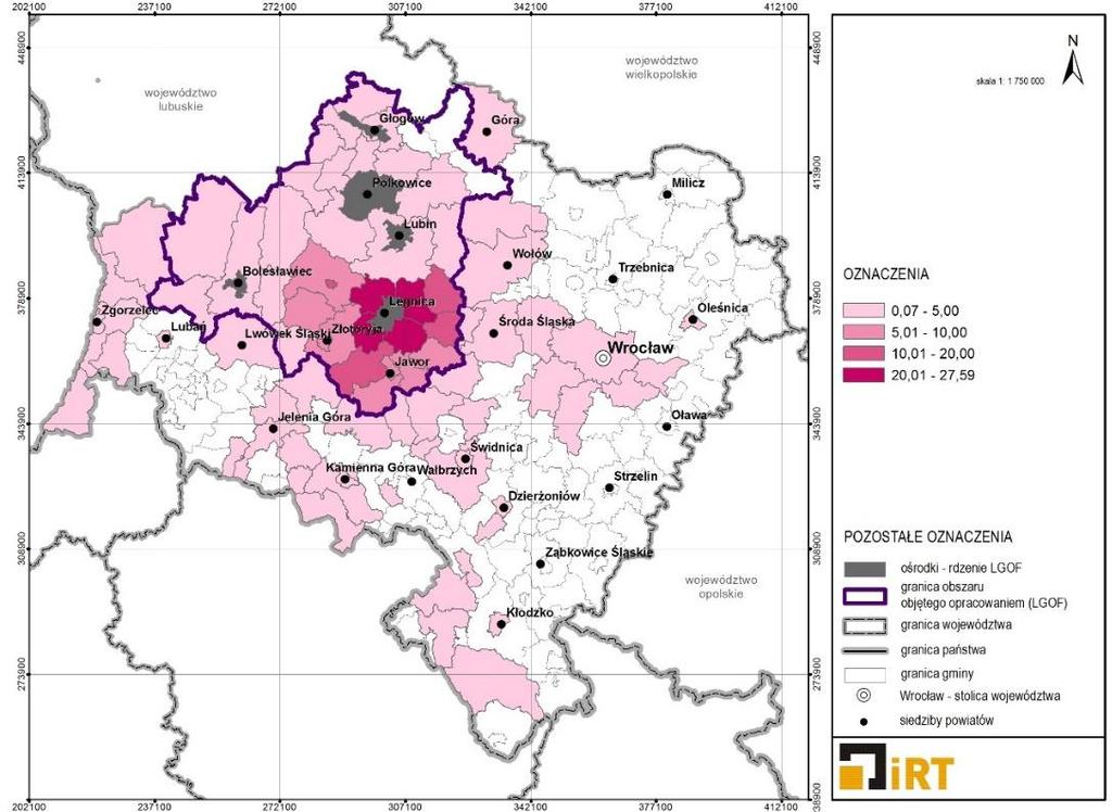 MAPA 46. UDZIAŁ DOJEŻDŻAJĄCYCH DO PRACY DO LEGNICY W LICZBIE PRACUJĄCYCH WG MIEJSCA ZAMIESZKANIA W 2012 R.