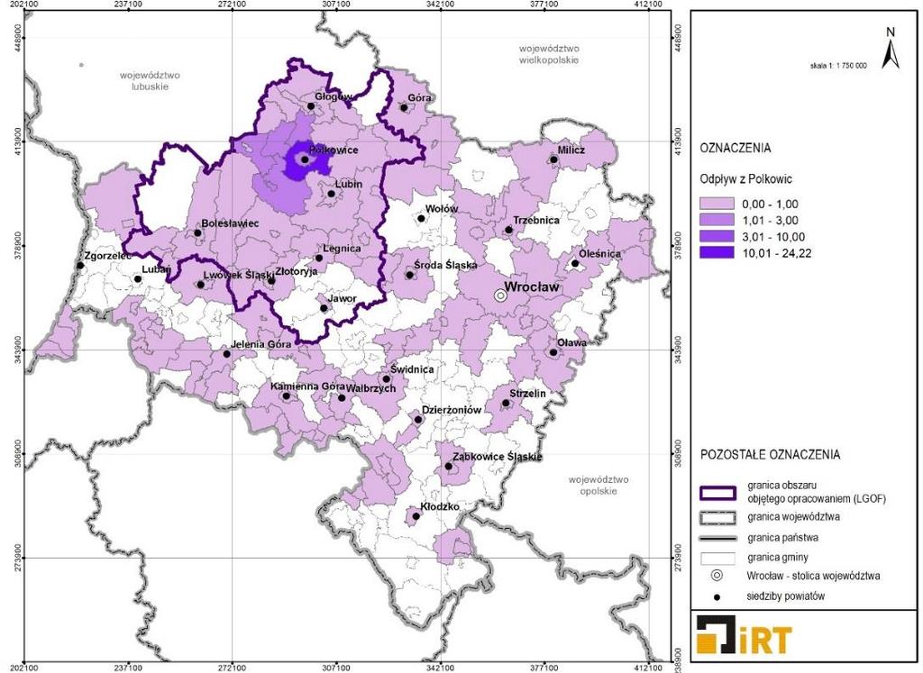 MAPA 60. ŚREDNIOROCZNA LICZBA ZAMELDOWAŃ DO GMIN Z POLKOWIC W LATACH 2008-2012 NA 1000 MIESZKAŃCÓW GMINY Źródło: opracowanie własne na podstawie danych GUS.