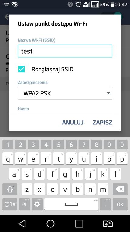 Nadaj nazwę tworzonej sieci WiFi (SSID), wybierz typ zabezpieczeń (zalecany WPA2-PSK) oraz nadaj hasło. Do przeprowadzenia testu zalecam używanie prostych nazw oraz haseł np.