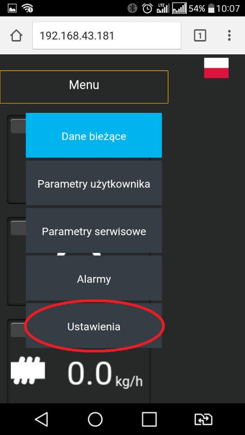 7. Kiedy pojawi się strona wybierz menu, a następnie ustawienia. Dotknij przycisk Konfiguracja Wifi.