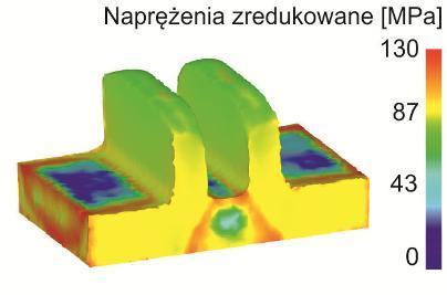 Ponadto zauważalna jest też kolejna różnica na górnej powierzchni podstawy odkuwki ukształtowanej w wykroju zamkniętym, gdzie naprężenia są najmniejsze i wahają się w granicach od 6 MPa do 45 MPa.