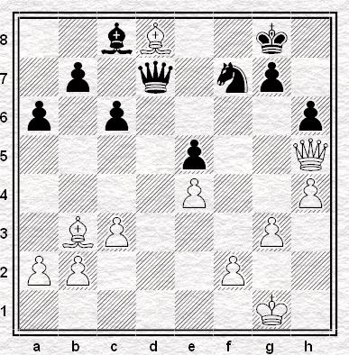 Przewaga pozycyjna białych polega tu przede wszystkim na koncentracji wszystkich własnych figur w kierunku króla przeciwnika. Białe naciskają też na wrażliwy punk f7.