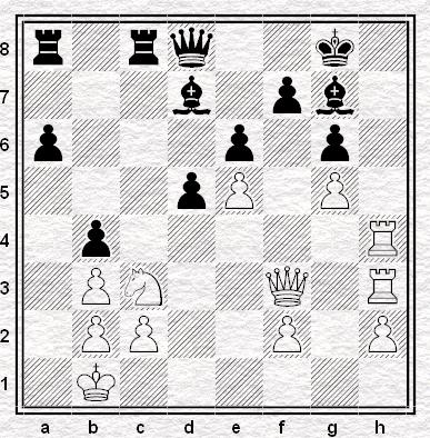 Czarne natomiast stoją biernie rozlokowane na obrzeżach szachownicy, nie mając przed sobą żadnej kontrgry. 1.S:f7 S:f7 2.Gb6!