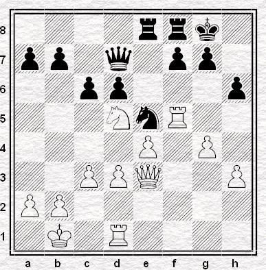 Gf6! bc po 1... gf 2.gf+ Kh8 i np. 3.Wg7 z matem na h7, albo : 1... G:f6 2.gf i 3.Hh6 z matem; 2.Hh6!! nie często rozstrzyga ofiara hetmana. Czarne poddały się, gdyż na 2... gh nastąpi 3.gh#, po 2.