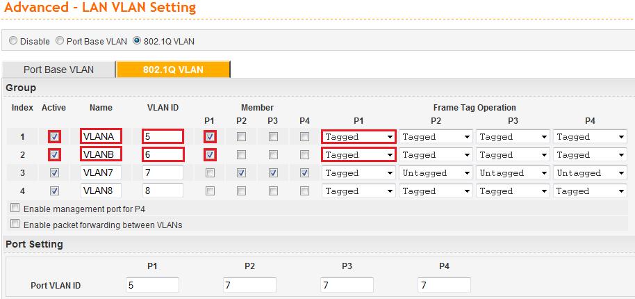 1. Router 1.1. Vigor3300V Przejdź do zakładki Advanced>>LAN VLAN w panelu konfiguracyjnym routera. Włącz i ustaw odpowiednio VLANy tagowane.