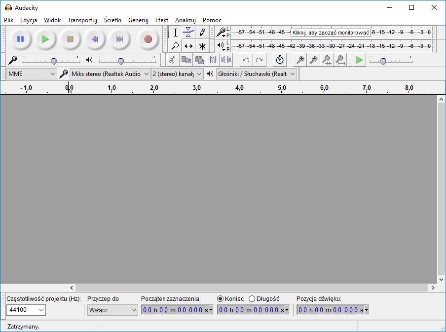 Lista urządzeń nagrywania w AudaCity dodane nowe urządzenie 4. Podstawy obsługi AudaCity 1.