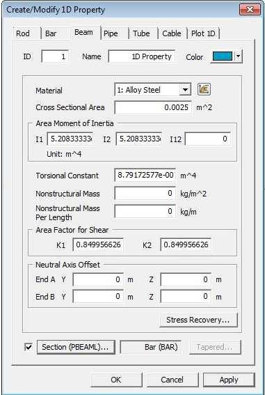 2. W okienku Create/Modify 1D Property, w zakładce Beam: wybieramy zdefiniowany wcześniej rodzaj materiału (1: Alloy Steel) oraz klikamy na klawisz Section (PBEAML).