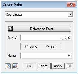 Wybierając w Głównym Menu: Geometry Point Create..., wywołujemy okienko Create Point, w którym definiujemy współrzędne punktów geometrii modelu belki: A (0, 0, 0), B (1, 0, 0), C (2, 0, 0), D (3, 0, 0).