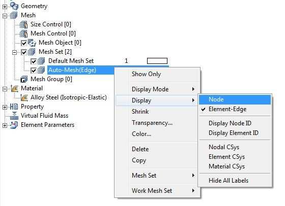 2. W celu wyświetlenia punktów węzłowych, w drzewku Model Works wybieramy Mesh Mesh Set Auto-Mesh(Edge), a następnie za pomocą PPM Display Node.