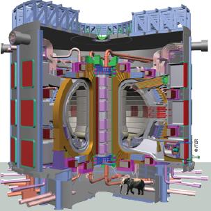 Reakcje termojądrowe B.Kamys: 2009/10 69 Rysunek 62: Rysunek reaktora ITER (w przekroju). Dla ustalenia skali pokazany jest również słoń [9].