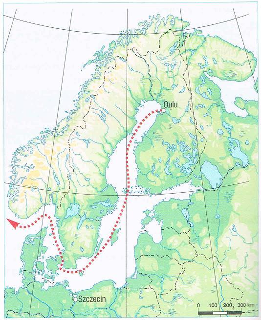 Zadanie 15. ( 0-4 pkt.) Wykonaj zadania na podstawie mapy. Statek wypływa z fińskiego miasta Oulu w kierunku Morza Północnego wzdłuż narysowanej trasy.