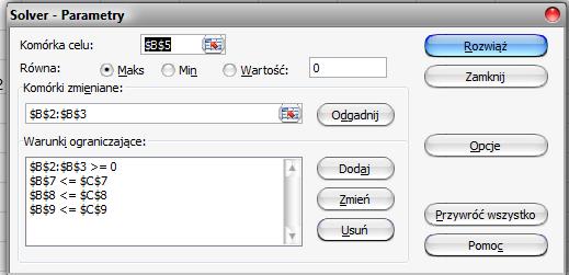 Podajemy wartość funkcji celu adres komórki B5 oraz zaznaczamy ma 3. Podajemy zakres komórek zmienianych 4.