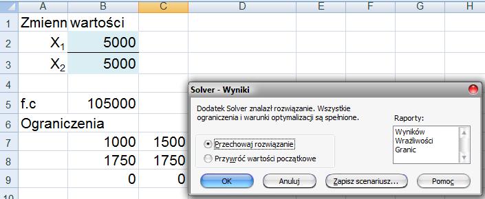 Zagadnienie programowania liniowego Solver dodatek MS Ecel Otrzymujemy rozwiązanie programu jest to, tylko jedno rozwiązanie.