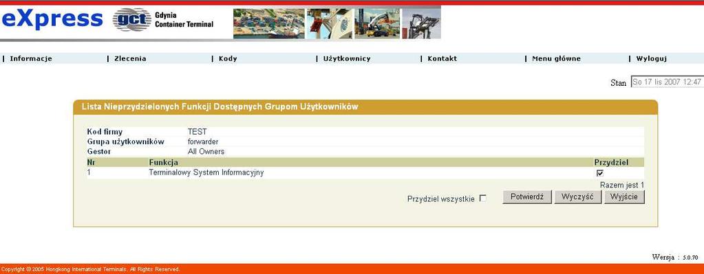 Uprawnienia Zalogowani uŝytkownicy - ADMINISTRACJA oraz Zalogowani uŝytkownicy - PRZEGLADANIE odpowiadają za wyświetlenie i zarządzanie aktywnymi połączeniami uŝytkowników firmy.