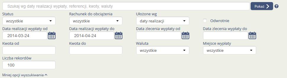 1.2.3 Wyświetlenie listy awizowań Po wyborze opcji Awizowania Użytkownik ma możliwość wyszukania awizowań wg daty realizacji wypłaty, referencji, kwoty oraz waluty.