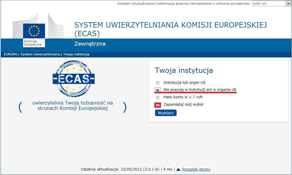 5. Na stronie ECAS należy upewnić się, że konto nowego użytkownika zostanie utworzone we właściwej