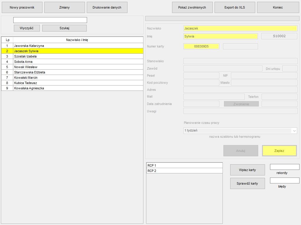 Załoga Wpisanie pracownika Proszę wcisnąć przycisk Nowy pracownik a następnie wypełnić pola w ramce. Dla poprawnego działania programu wystarczy wypełnienie rubryk podświetlonych na żółto.