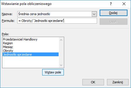 [16/37] EXCEL 4. Pojawi się okno dialogowe Wstawianie pola obliczeniowego 5. W polu Nazwa wpisujemy Średnia cena jednostki 6. Klikamy w polu Formuła 7.