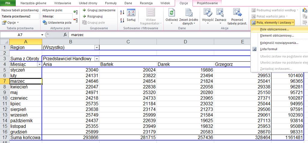 [18/37] EXCEL Rysunek 27. Wstawianie elementu obliczeniowego 3. Wpisujemy nazwę nowego elementu Kwartał 1 w polu Nazwa 4. Klikamy w polu Formuła 5.