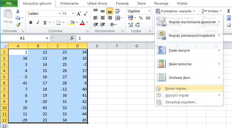 [33/37] EXCEL Formatowanie warunkowe z zastosowaniem formuł pozwala na formatowania całych zakresów komórek których zawartość spełnia kryteria, które są zapisane formułąmi.