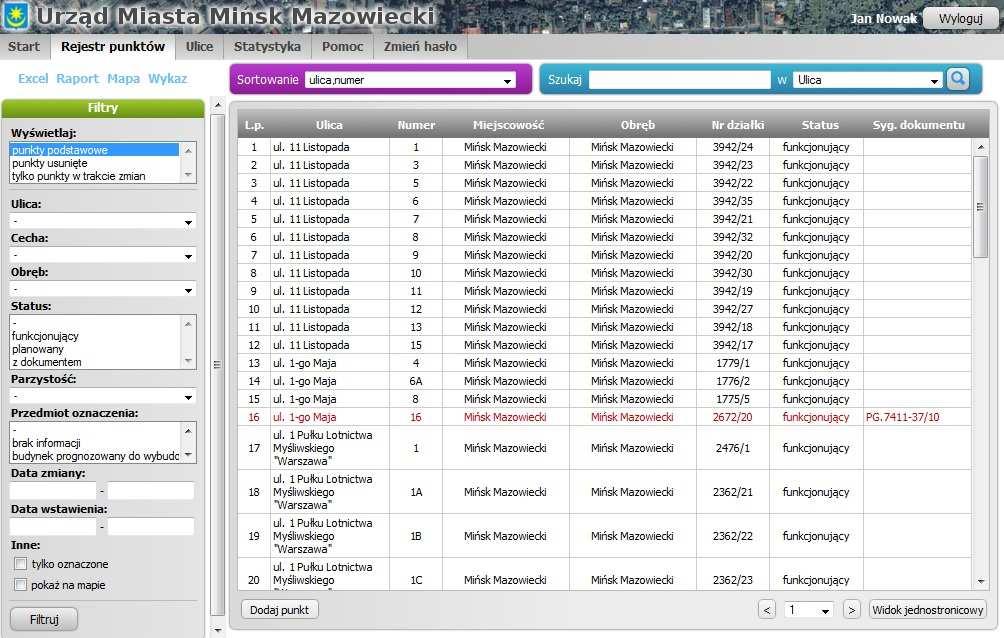 Internetowy Manager Punktów Adresowych podstawowa dokumentacja 8 3. Rejestr punktów Sekcja Rejestr umoŝliwia pracę na punktach adresowych gromadzonych w systemie.