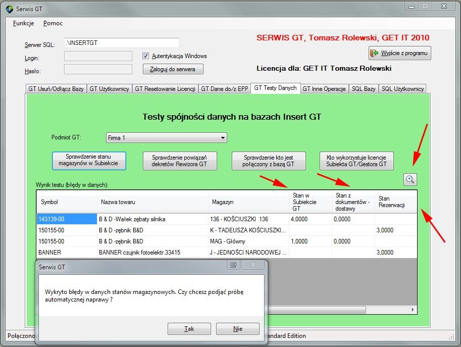GT Testy Danych Funkcja umożliwia przeprowadzenie testów danych na bazach Insert GT - Sprawdzenie stanu magazynu i stanu rezerwacji w Subiekcie GT Funkcja kontroluje czy stany pokazywane w kartotece