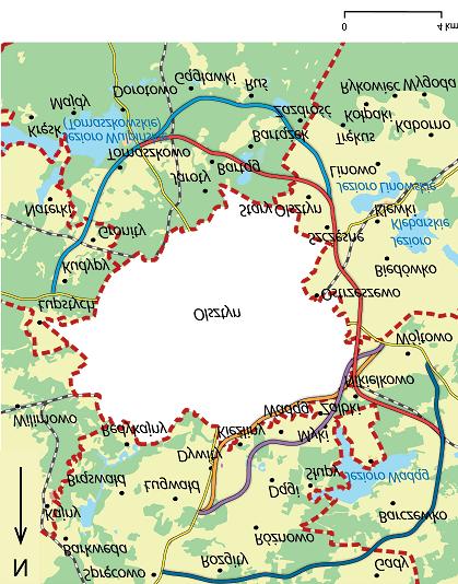 50 S³awomir Sobotka wsie villages użytki rolne agricultural land lasy forests jeziora lakes rzeki rivers granice gmin commune / municipality boundaries projektowane obwodnice Olsztyna planned Olsztyn