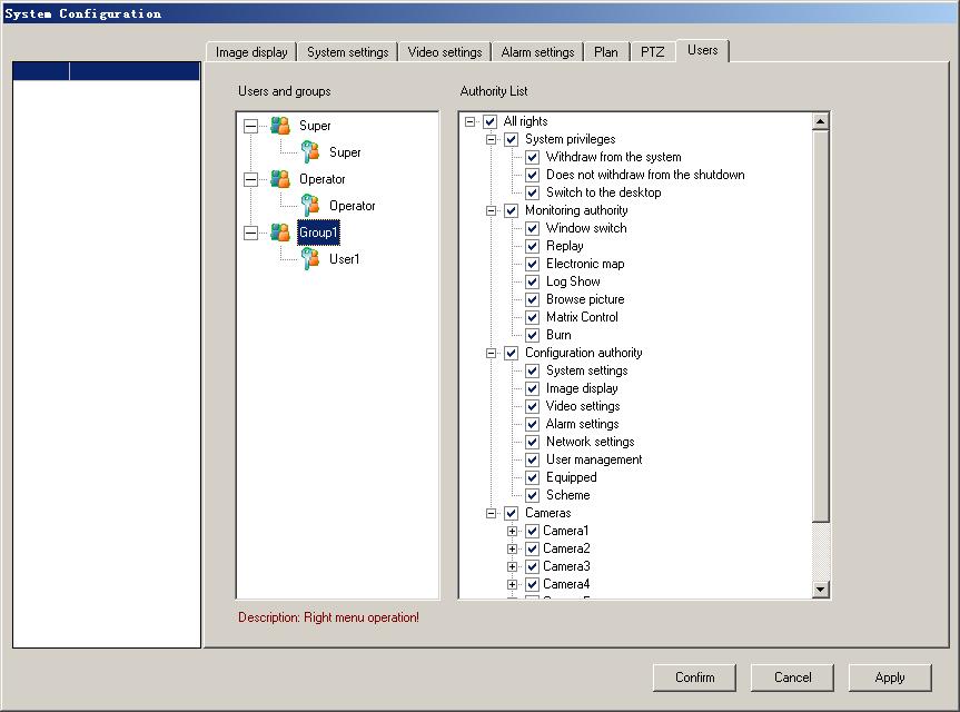 3.8 User Settings konta użytkowników Domyślnie w systemie zdefiniowane są dwa konta użytkowników: Super ora Operator. Użytkownik Super posiada dostęp do wszystkich funkcji programu.