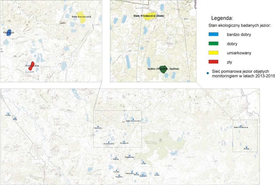 Mapa 10. Stan ekologiczny jednolitych części jeziornych badanych w 2013 r.