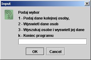 2.4. Tablica obiektów wybór wstawiania, wyświetlania i wyszukiwania Przykład 5 class Osoba1 // kod klasy Osoba1 z przykładu 4 zawarty w nawiasach public class Tablica_osob_menu static int N=2; static