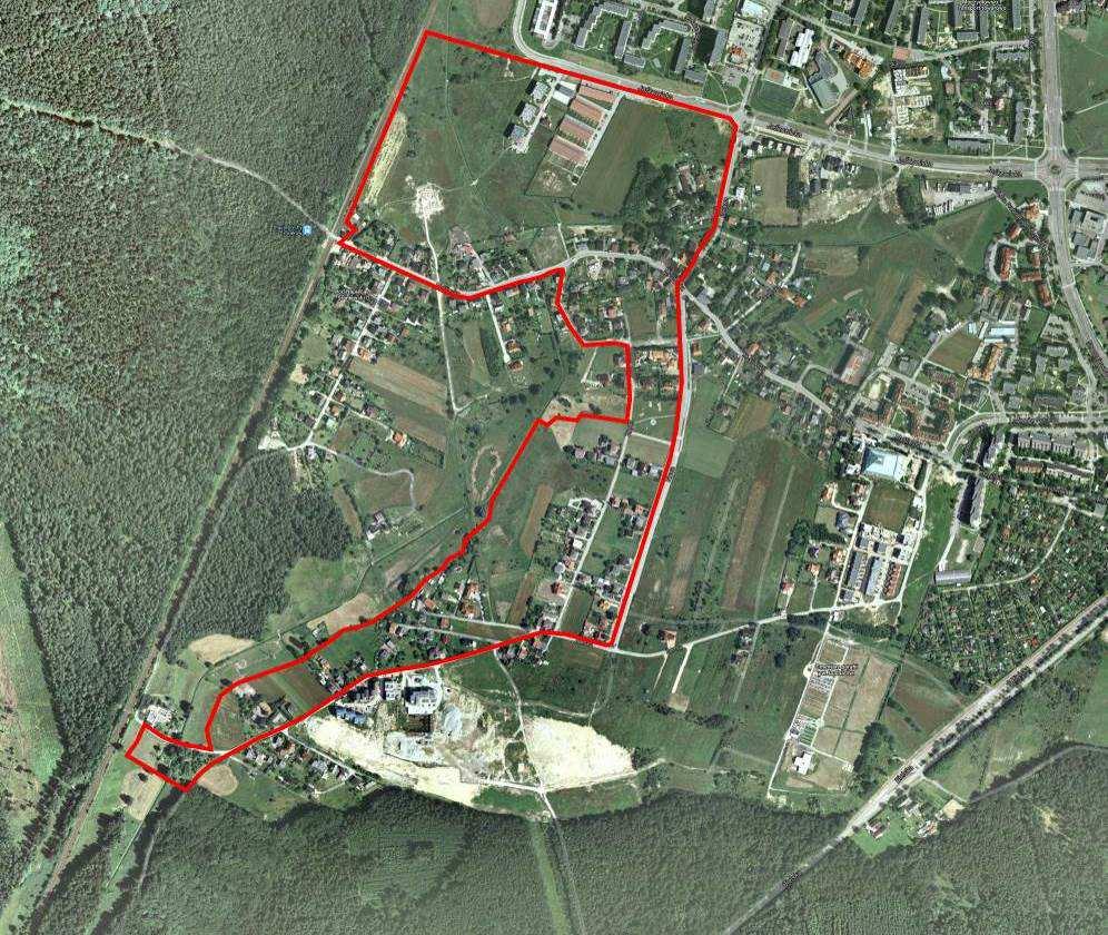 Rysunek 1 Lokalizacja i obecne zagospodarowanie obszaru opracowania na tle ortofotomapy