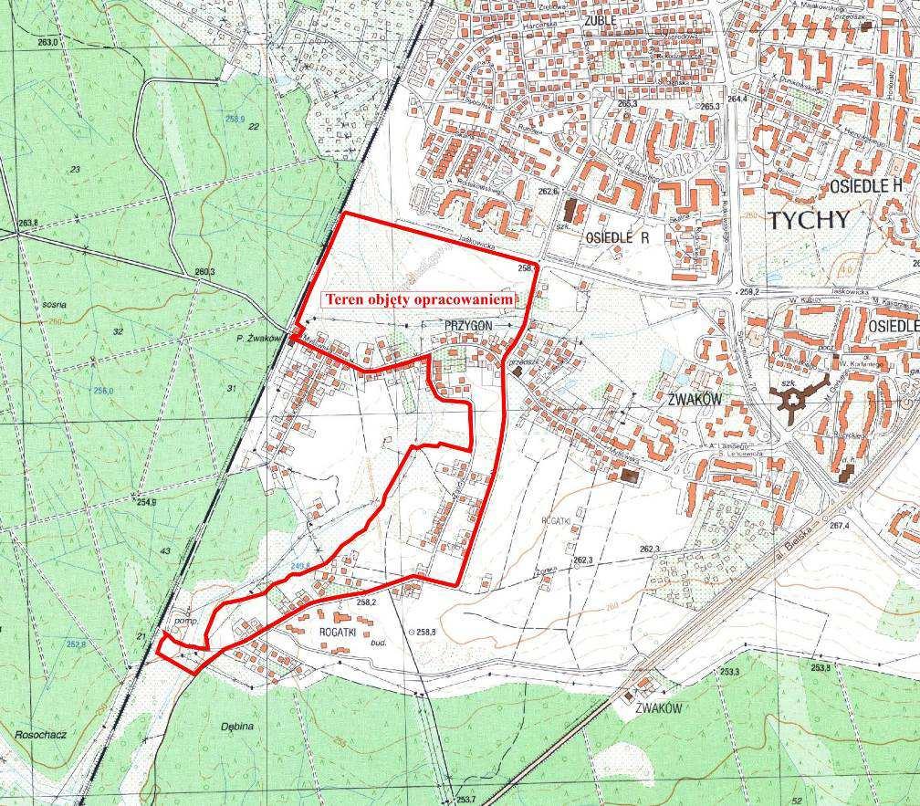 Rysunek 2 Lokalizacja obszaru opracowania na tle mapy topograficznej Źródło: Geoportal, zmodyfikowane przez WERON nalizowany obszar