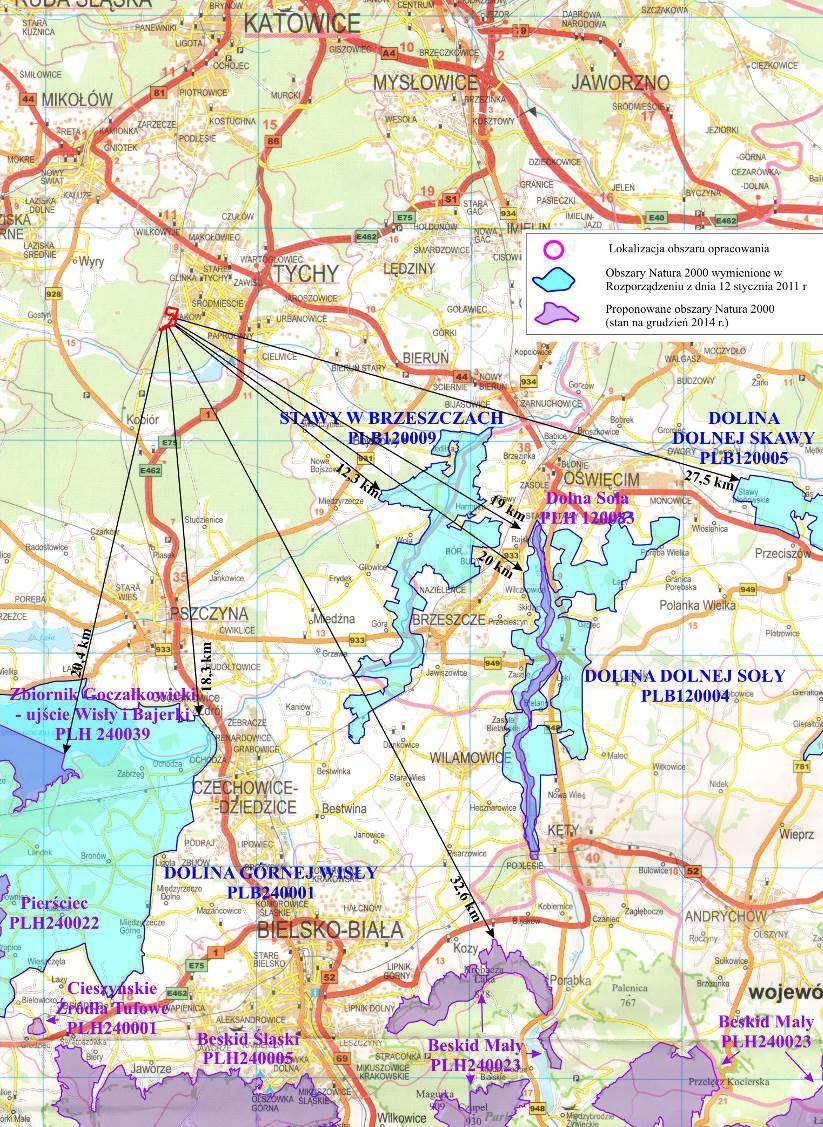 Rysunek 8 Odniesienie lokalizacji terenu objętego mpzp do lokalizacji obszarów chronionych, w tym obszarów Natura 2000 Uwzględniając istniejące zagospodarowanie terenu, oraz zakres planowanych prac w