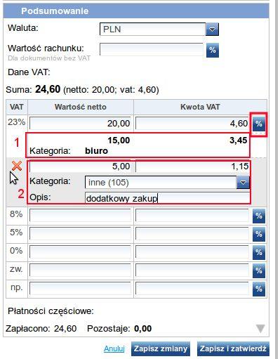 3.1. Podział kwoty na różne kategorie (rozbicie podsumowania faktury na pozycje) Dla programu Comarch Optima (format xml) jest możliwość rozbicia podsumowania faktury na kategorie (np.