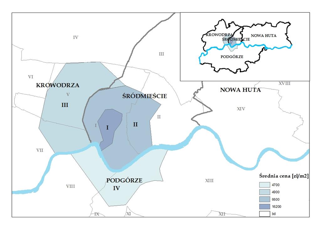IV XV KROWODRZA NOWA HUTA ŚRÓDMIEŚCIE XVII III PODGÓRZE XVI VI KROWODRZA V III ŚRÓDMIEŚCIE NOWA HUTA XIV XVIII I I II II VII VIII PODGÓRZE IV XIII Średnia cena [zł/m2] 4700 4900 6600 IX XI XII 16200