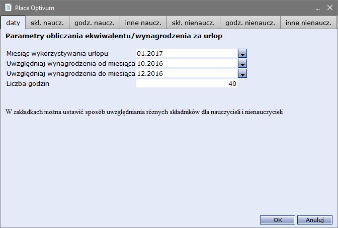 Płace Optivum. Jak naliczyć pracownikowi administracji i obsługi ekwiwalent za niewykorzystany urlop?2/6 6. W oknie, które się wyświetli, ustaw parametry obliczania ekwiwalentu.