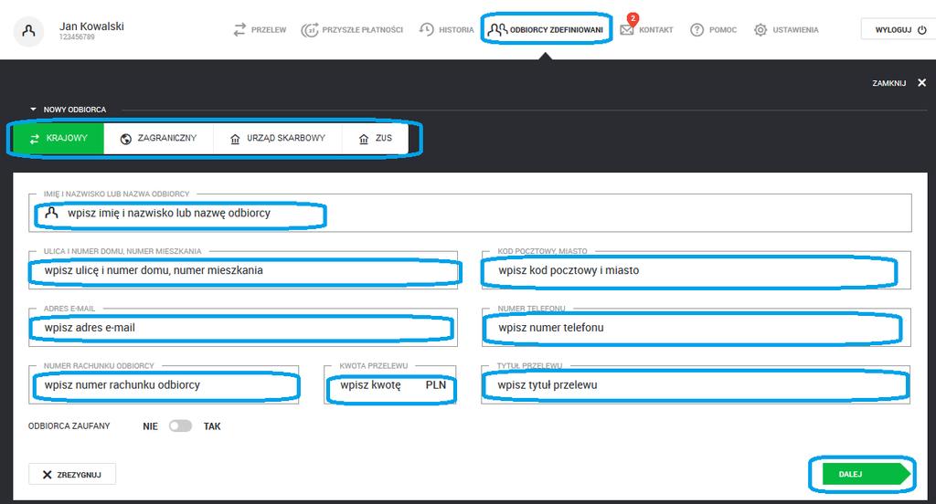 [17/19] E-konto bankowe Jeżeli odbiorca przelewu często się powtarza można dodać go do księgi odbiorców. Należy wtedy wybrać typ odbiorcy i uzupełnić dane teleadresowe.