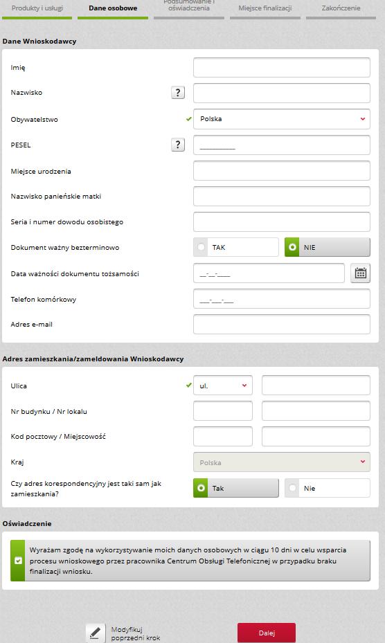 Uzupełniamy dane osobowe i klikamy dalej