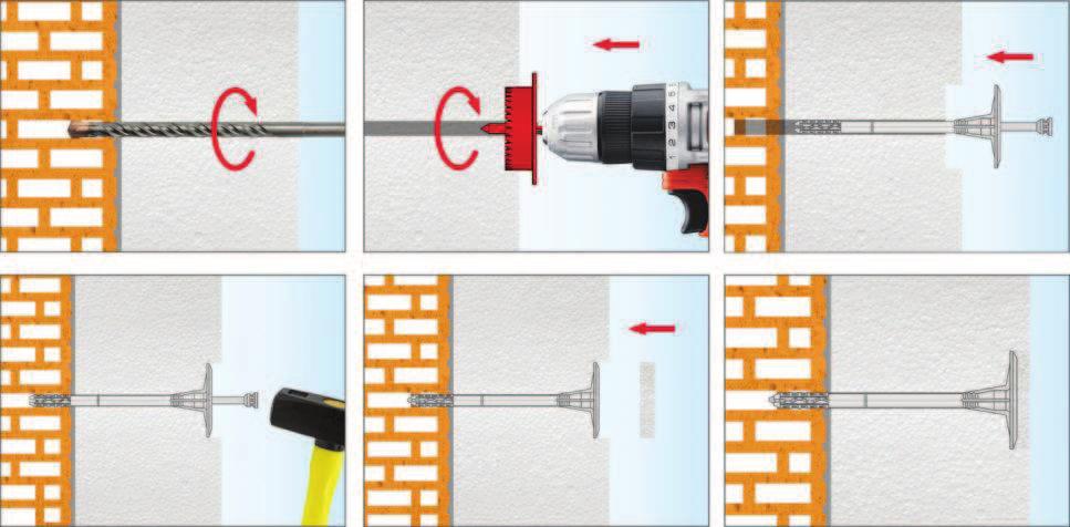 3 4 Montaż zagłębiony 1 2 3 1) Wywiercić otwór prostopadle do powierzchni podłoża. Wyczyścić otwór. 2) Wykonać otwór w izolacji cieplnej pod montaż zagłębiony przy użyciu freza WK-FT.