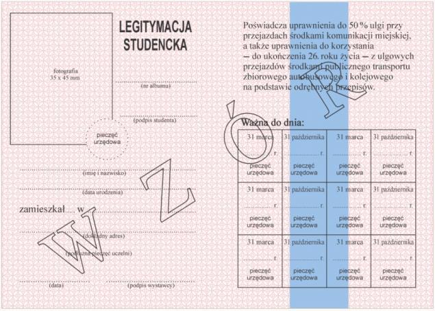 Wzór nr 22 do 34 i 44 WZÓR LEGITYMACJI STUDENCKIEJ Strony wewnętrzne strona 1 strona 2 Opis: 1) format po złożeniu A7 (74 mm x 105 mm); 2) strony wewnętrzne legitymacji wykonane na papierze