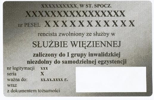 1 - czarne napisy wykonane różną czcionką: a) w górnej części "RZECZPOSPOLITA POLSKA", b) poniżej czarny orzeł, c) w dolnej części: "MINISTERSTWO SPRAWIEDLIWOŚCI BIURO EMERYTALNE SŁUŻBY WIĘZIENNEJ",